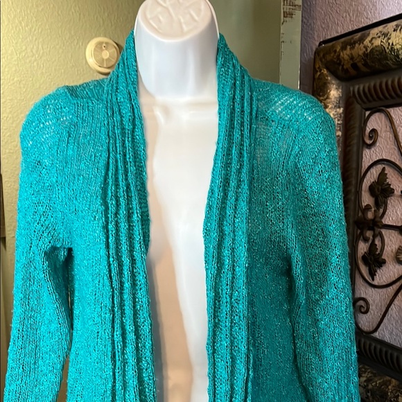 FeverTurquoise Sweater- knubby textured open cardigan Sz L - Picture 3 of 11